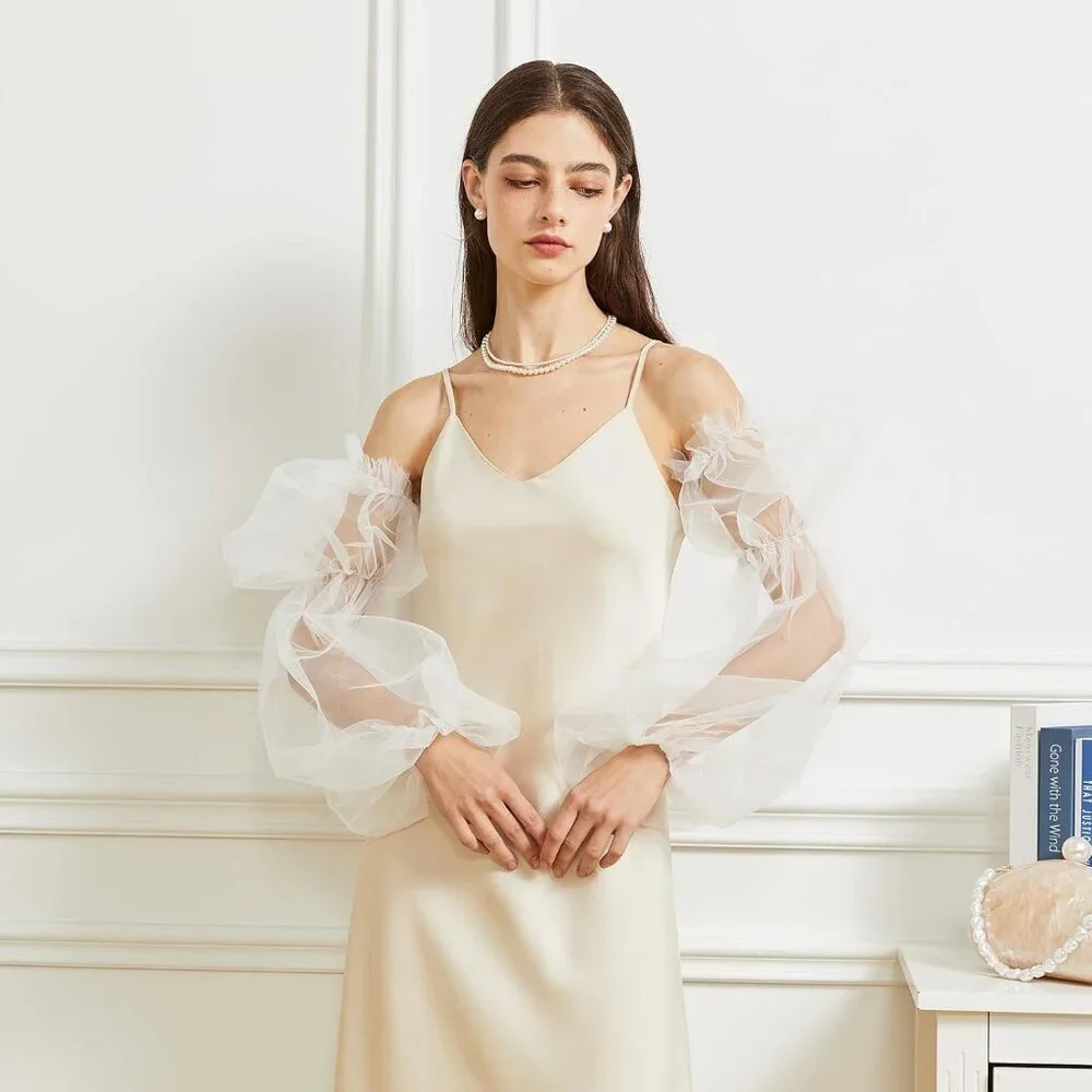 Women's White 2 Satin Tulle  Ruffled Puff Long Gloves Banquet Wedding Party